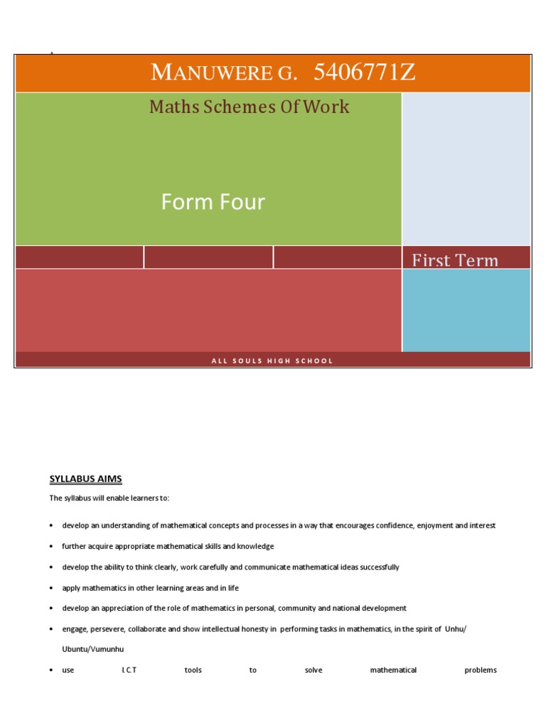 Mathematics Schemes of Work: Form Four First Term | PDF | Teaching ...
