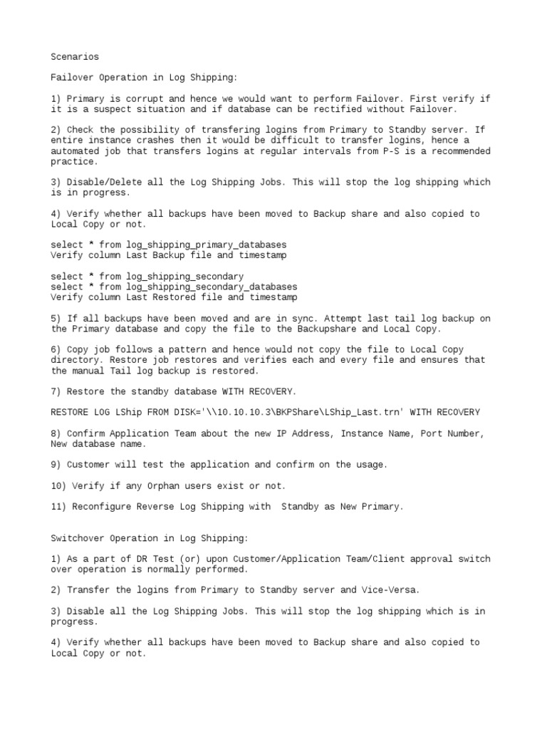 007 Log Shipping Scenarios Failover Switchover PDF Backup Databases