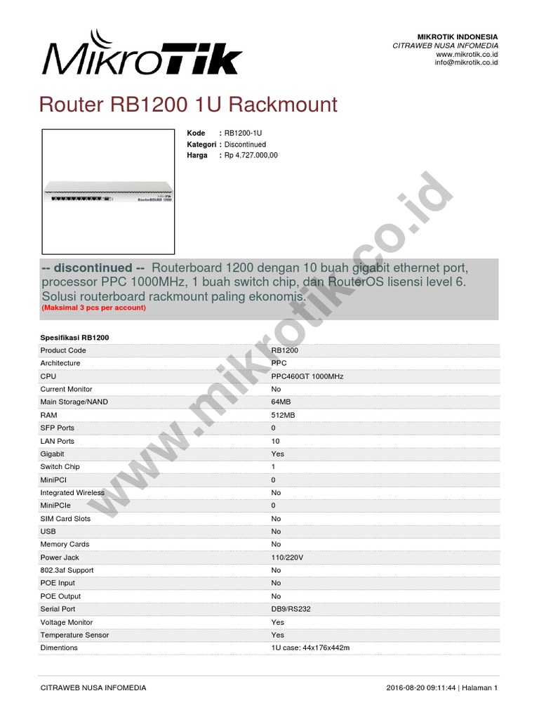 WWW - Mikrotik.co - Id: Router RB1200 1U Rackmount | PDF