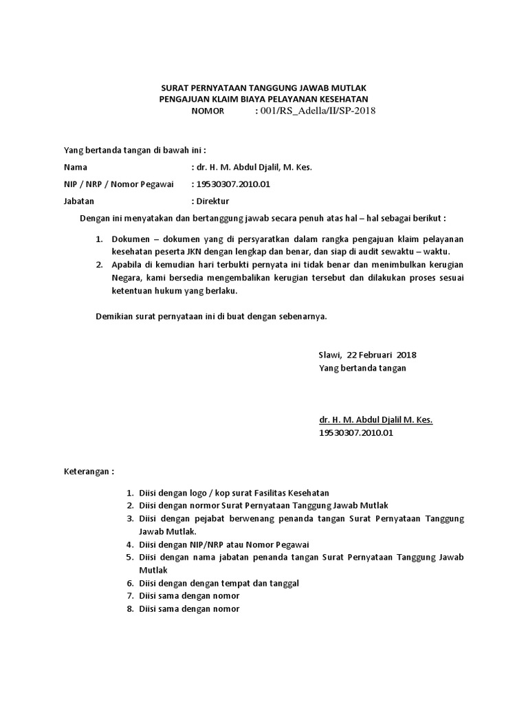 Surat Pernyataan Tanggung Jawab Mutlak Pengajuan Klaim