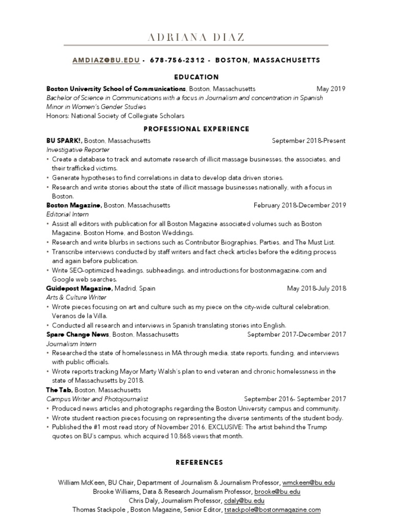 Adriana Diaz Journalism Resume | PDF | Editing | Journalism