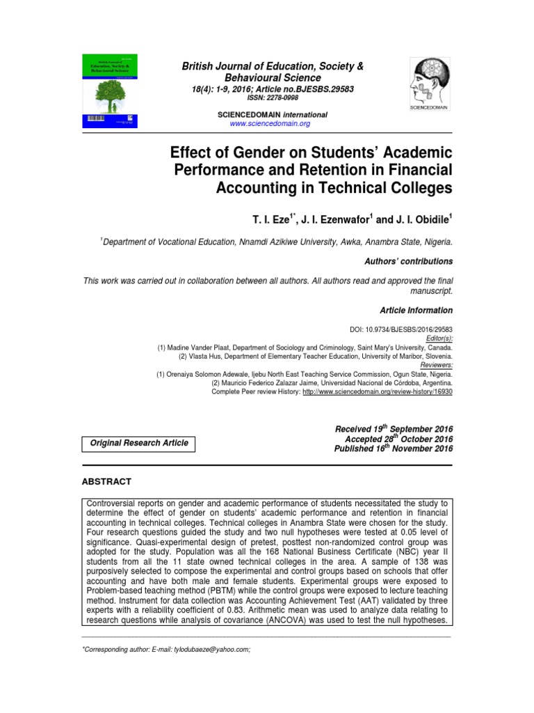 Effect of Gender On Students' Academic Performance and Retention in ...