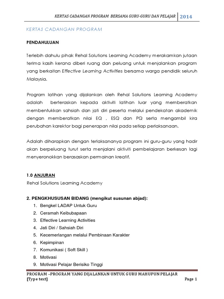Proposal Program Latihan Sekolah 2014 | PDF