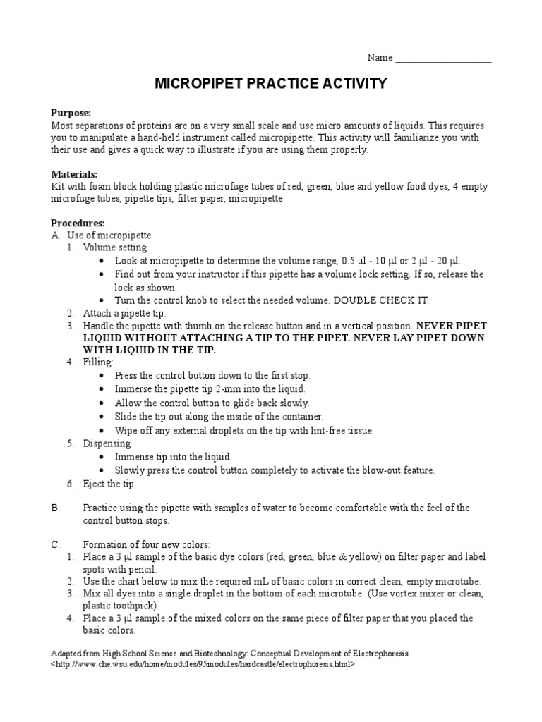 Micropipet Practice Activity Laboratories Chemistry