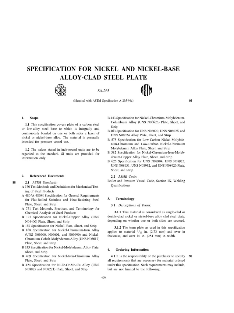 Asme Sa265 Specification For Nickel and NickelBase AlloyClad Steel
