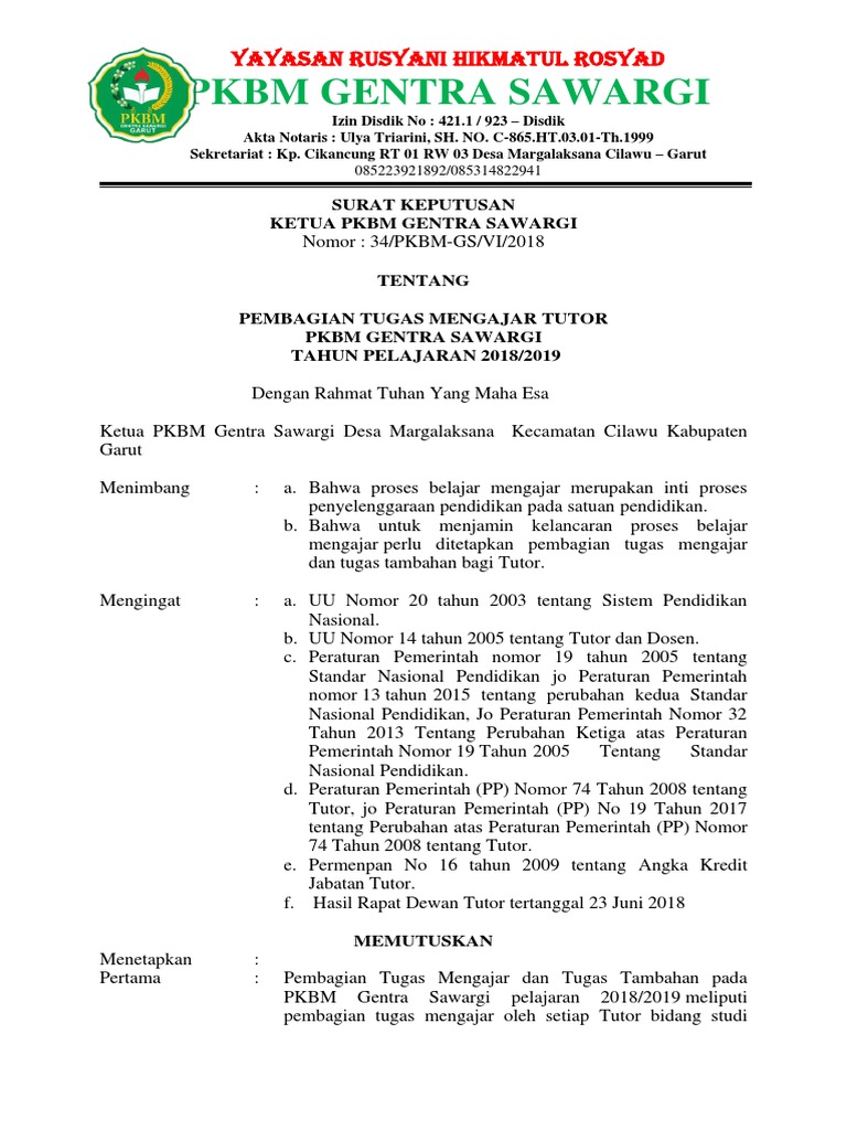 Sk Pembagian Tugas Tutor Paket B 2018