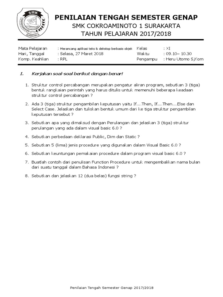 Contoh Kop Soal Uts Smk