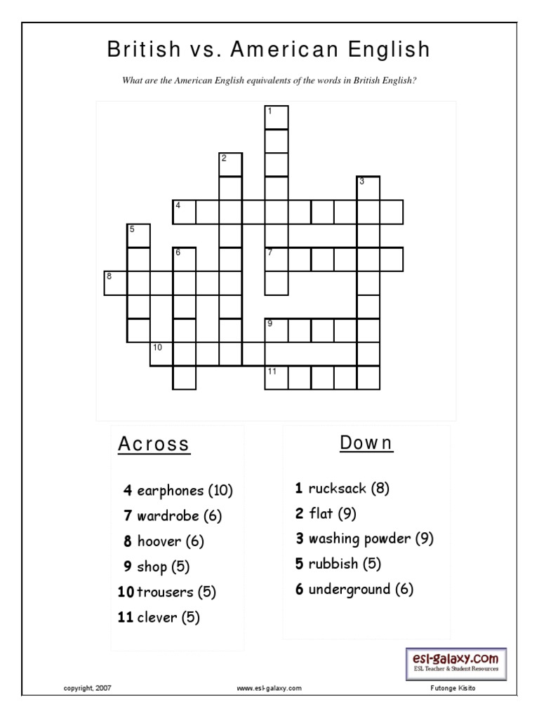 British Vs American Word Equivalents Crosswords PDF Languages Of