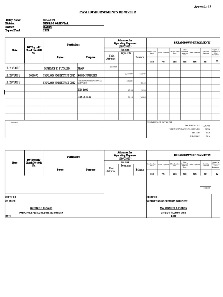 Cash Disbursements Register Cash Disbursements Register: Appendix 43