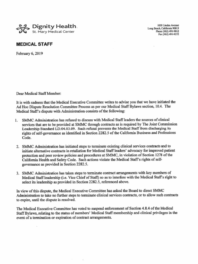 Letter to St. Mary Medical Center staff