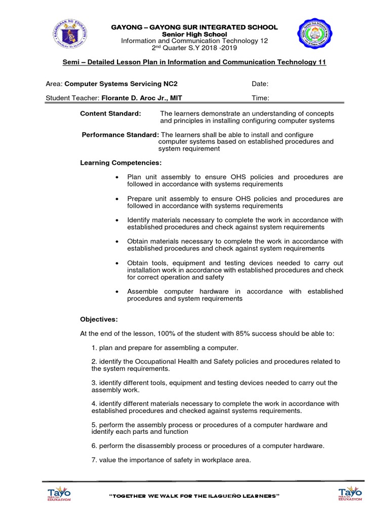 Semin Detailed Lesson Plan in CSS 11 Assembly and Disassembly | PDF ...
