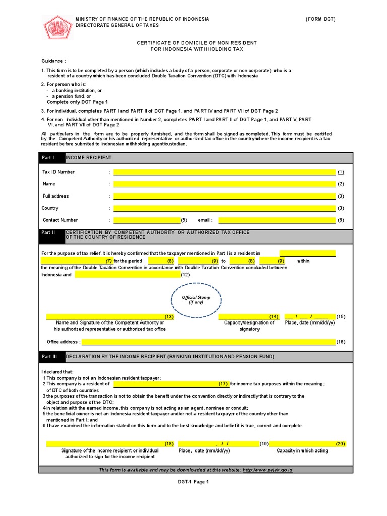 New DGT Form PER 25 Taxpayer Double Taxation