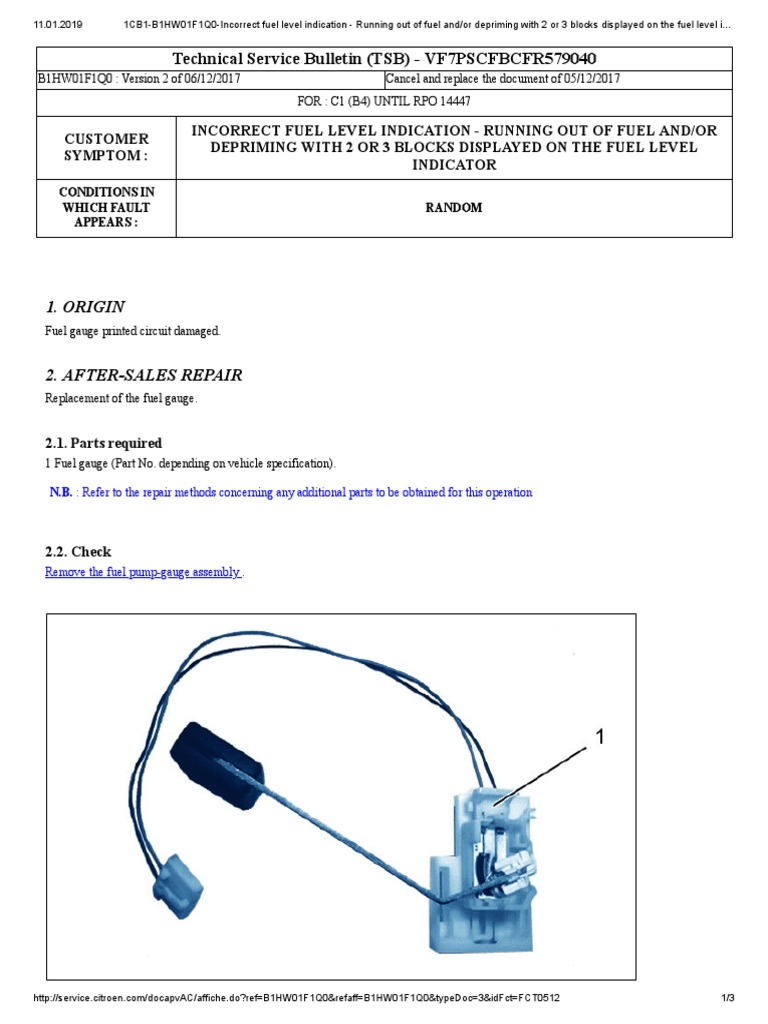 Citroen C1 Incorrect Fuel Level Indication Running Out of Fuel and