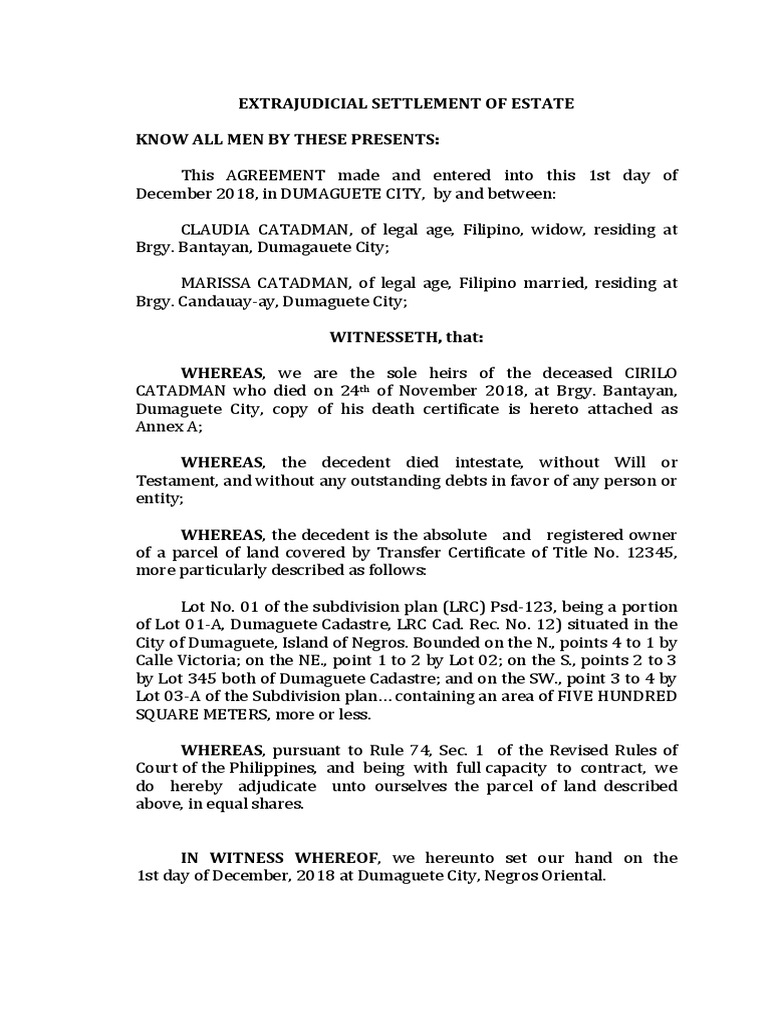 Extrajudicial Settlement of Estate | PDF | Document | Civil Law (Legal ...