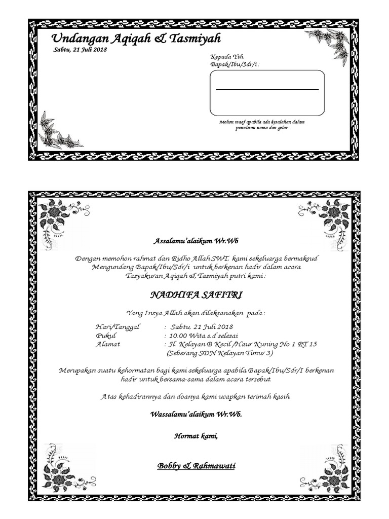 Undangan Aqiqah Nadhifa