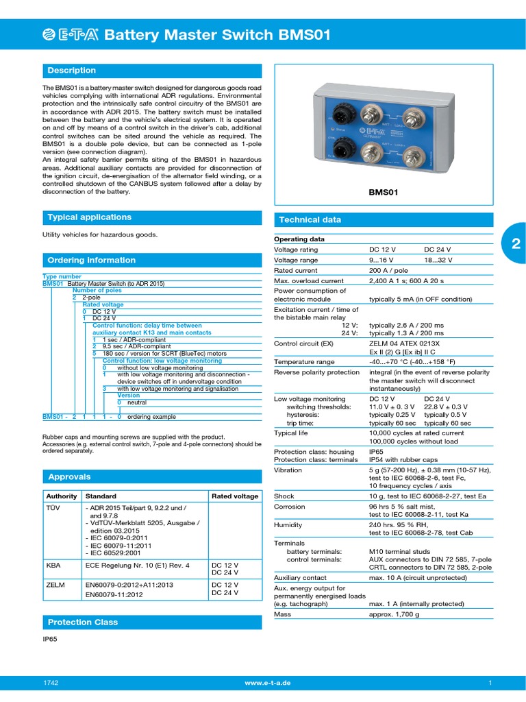 ADR-Compliant Battery Master Switch BMS01 | PDF | Relay | Switch