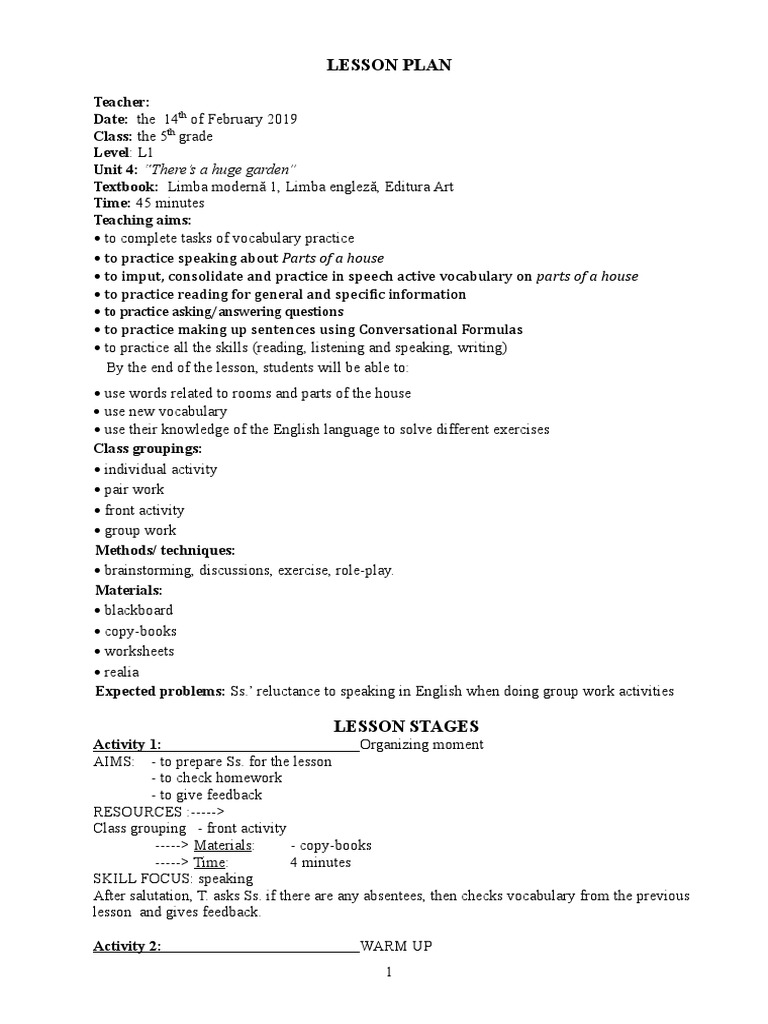 Plan de Lectie Engleza Clasa A 5 A | PDF | Vocabulary | Homework
