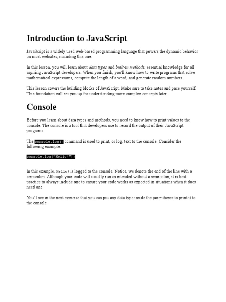 Introduction To JavaScript | PDF | Data Type | String (Computer Science)