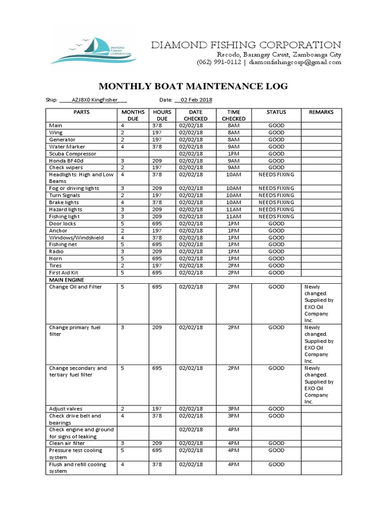 Monthly Boat Maintenance Log PDF Headlamp Engines