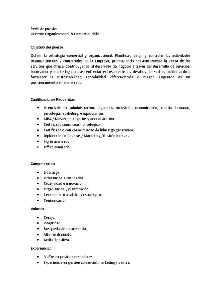 Perfil de Puesto Gerente Organizacional y