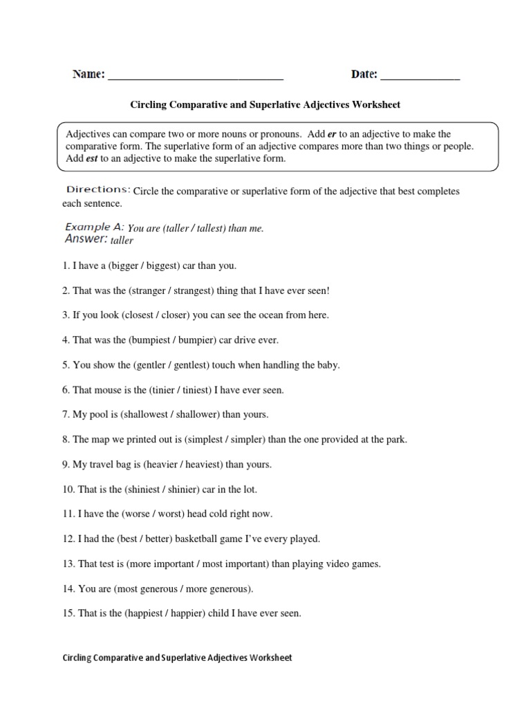 Circling Comparative Superlative Adjectives 3 Ysss