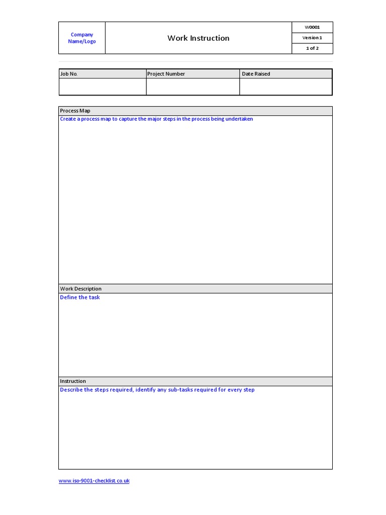 Work Instruction Template W0001 | PDF