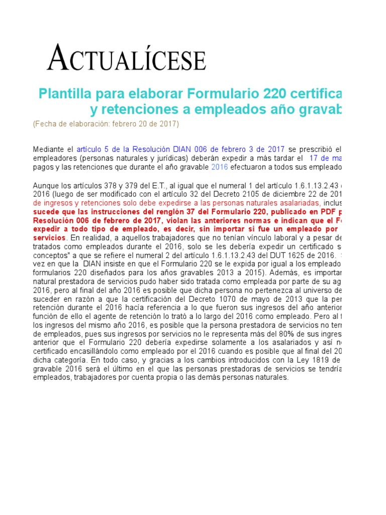 Formulario 220 Ano Gravable 2016 | PDF | Salario | Pensión