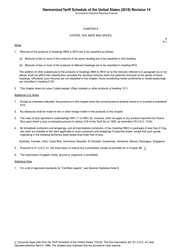 Harmonized Tariff Schedule of The United States (2018) Revision 14 PDF Capsicum Coffee