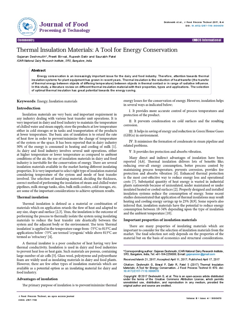 Thermal Insulation Materials A Tool For Energy Conservation 2157 7110 ...