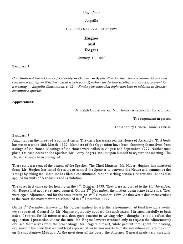 Anguilla Political Crisis Hughes V Rogers | PDF | Quorum ...