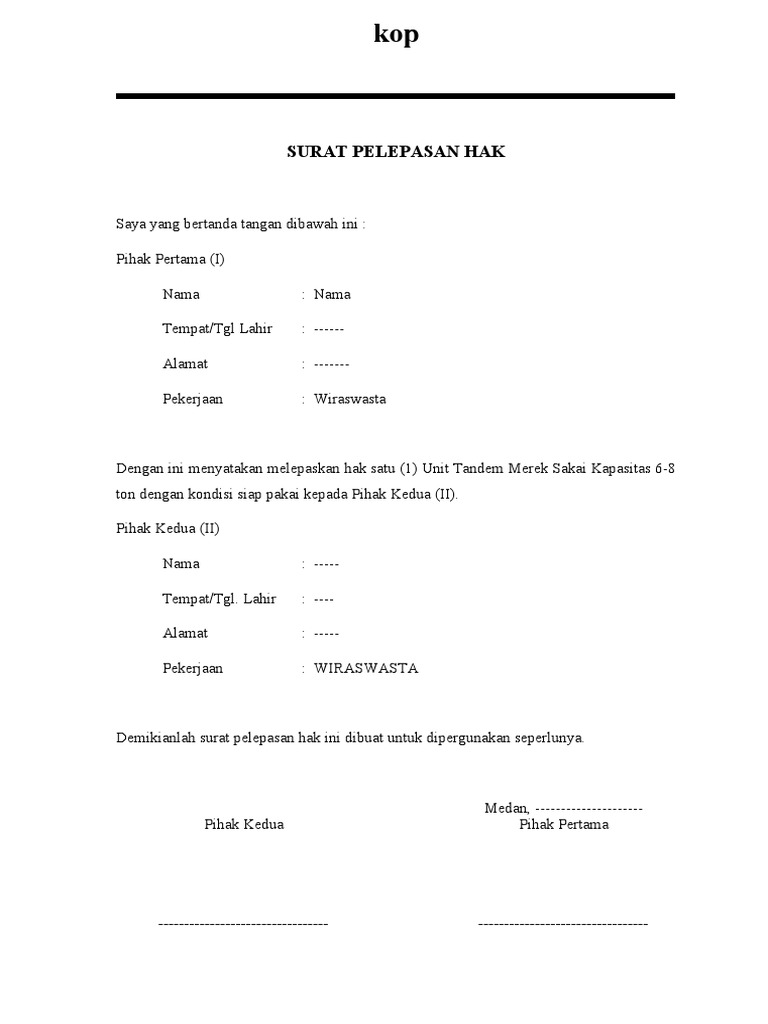 Contoh Surat Pelepasan Hak Docx