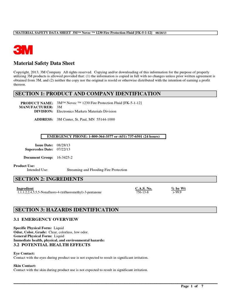 MATERIAL SAFETY DATA SHEET 3M™ Novec ™ 1230 Fire Protection Fluid (FK-5 ...