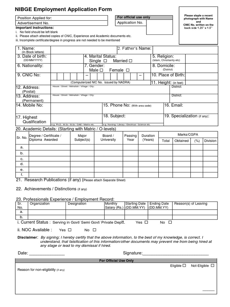 NIBGE Employment Application Form | PDF | Diploma | Academic Degree