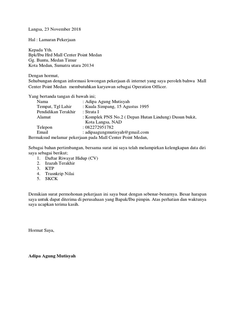 Contoh Surat Lamaran Kerja Mall Contoh Format Surat 2020