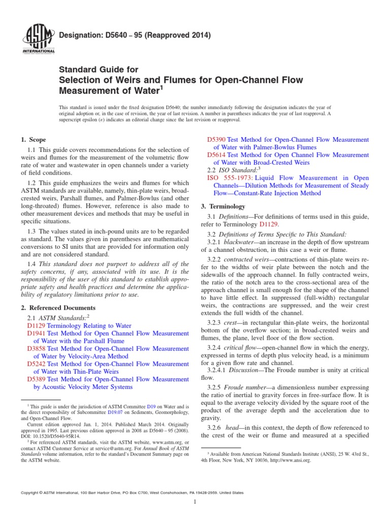 Astm D 5640 - Standard Guide For Selection of Weirs and Flumes For Open ...
