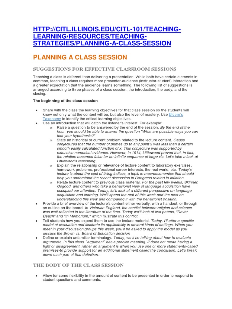 Effective Class Session Planning Tips | PDF | Lecture | Ion