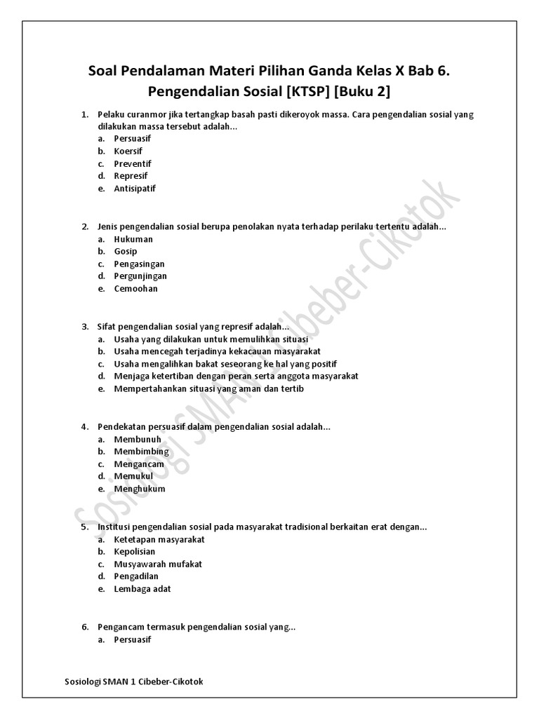1 Soal Pendalaman Materi Pilihan Ganda Kelas X Bab 6 Pengendalian Sosial Ktsp Buku 2