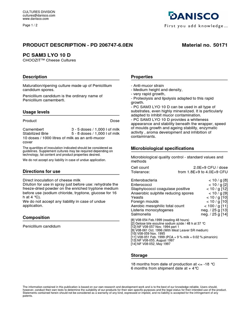 Danisco Choozit Brand - Penicillium Candidum, SAM3 LYO 10 D | PDF ...
