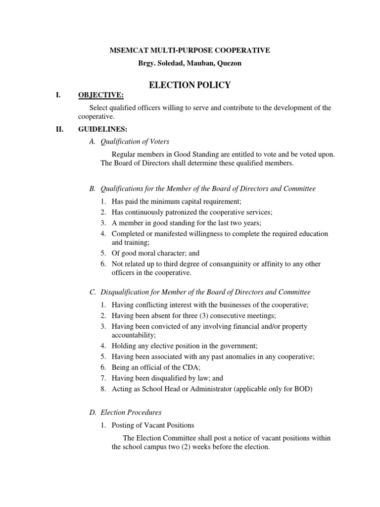 Cooperative Election Policy Guidelines | PDF | Board Of Directors | Voting