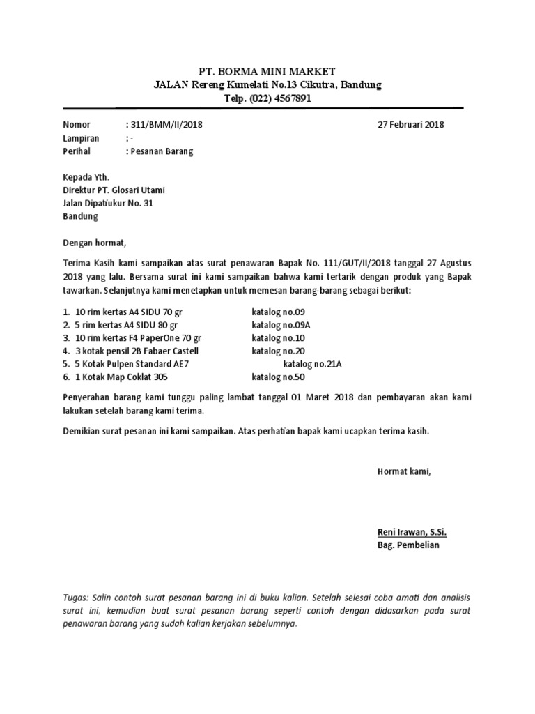 Contoh Surat Pesanan Barang