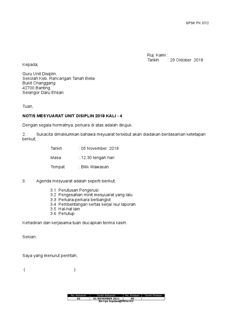 Surat Panggilan Mesyuarat Panitia Sains Kali Pertama