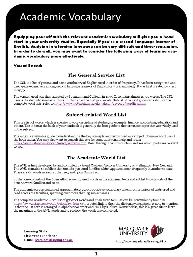 Academic Vocabulary Learning Guide | PDF | Vocabulary | Word