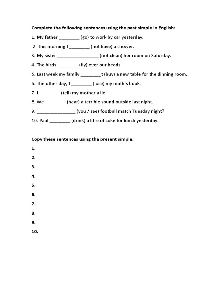 Complete The Following Sentences Using The Past Simple in English PDF