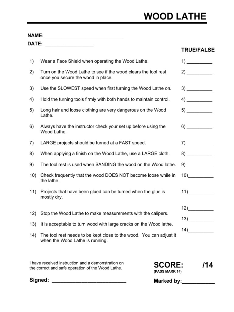 Wood Lathe Saftey Worksheet PDF