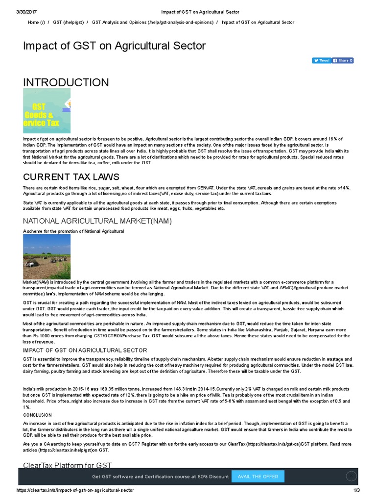 GST Impact on Agriculture Sector | PDF | Value Added Tax | Taxes