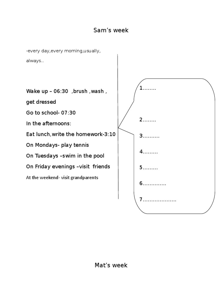 Weekly Routines of Sam, Mat, Mary, and Simon | PDF | Leisure