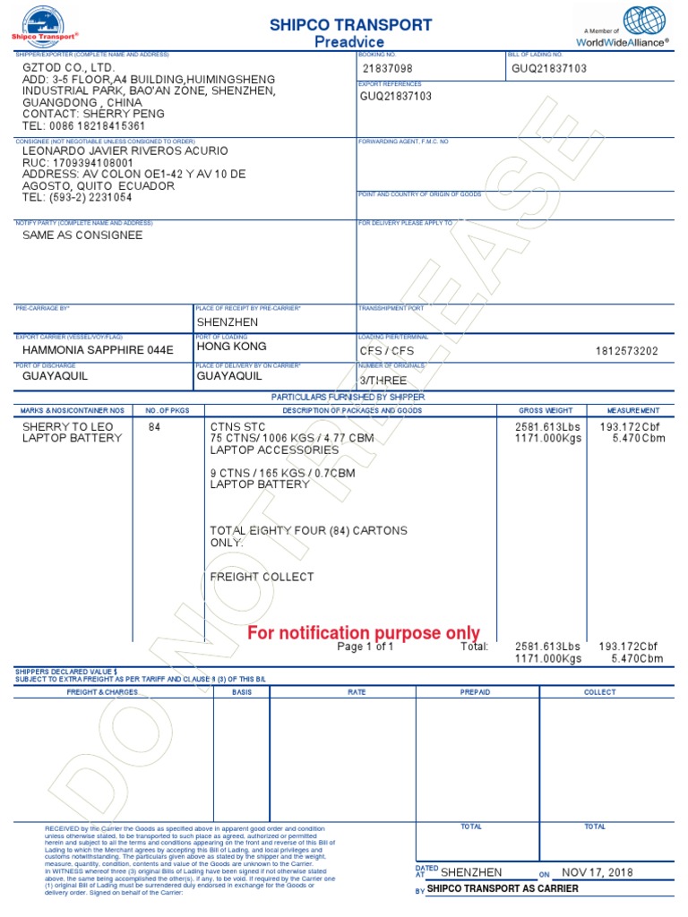 Bl Saco Shipping | Cargo | Bill Of Lading
