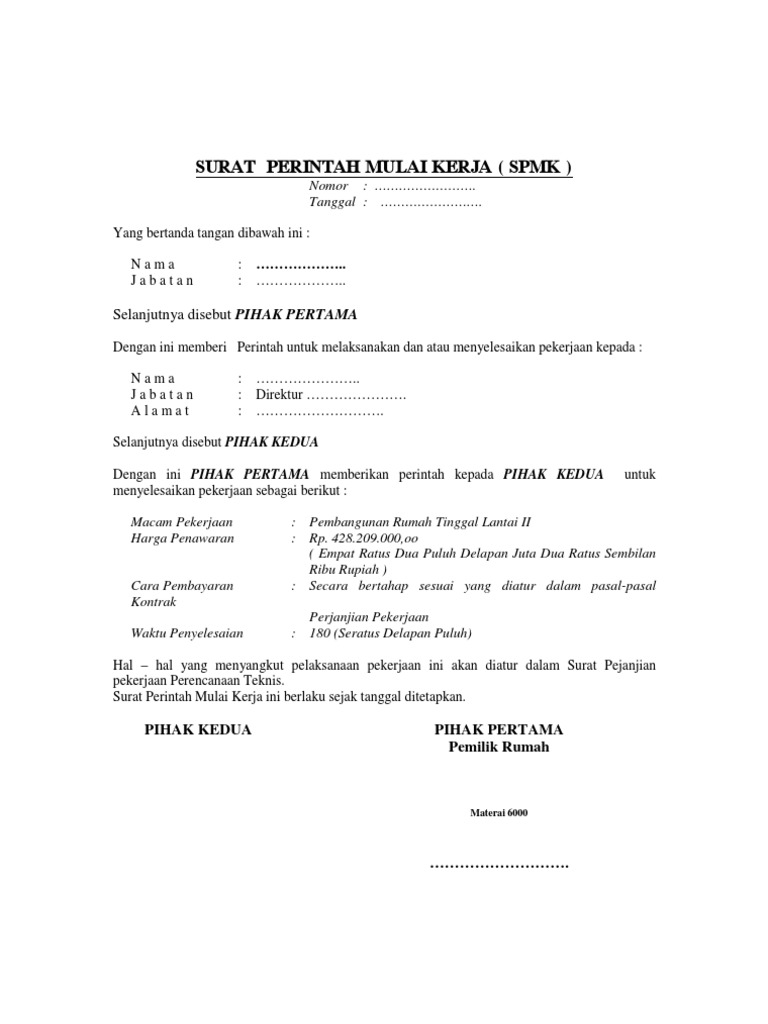 Contoh Surat Perintah Mulai Kerja | PDF