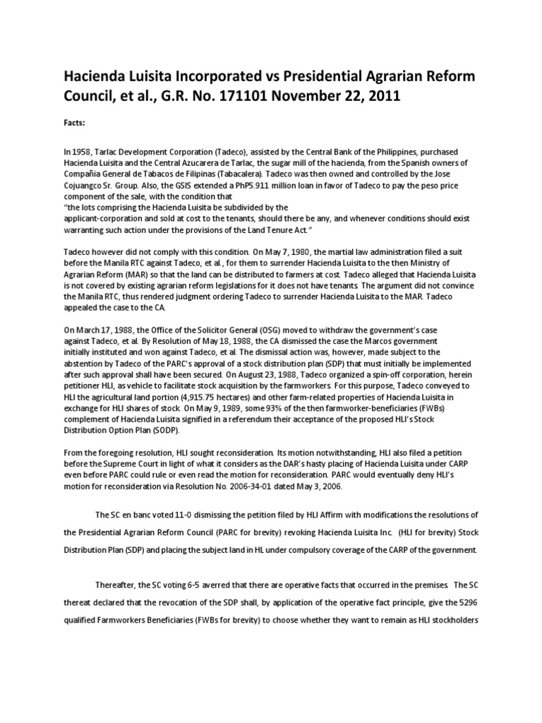 Hacienda Luisita Land Reform Case Reconsidered PDF Common Law