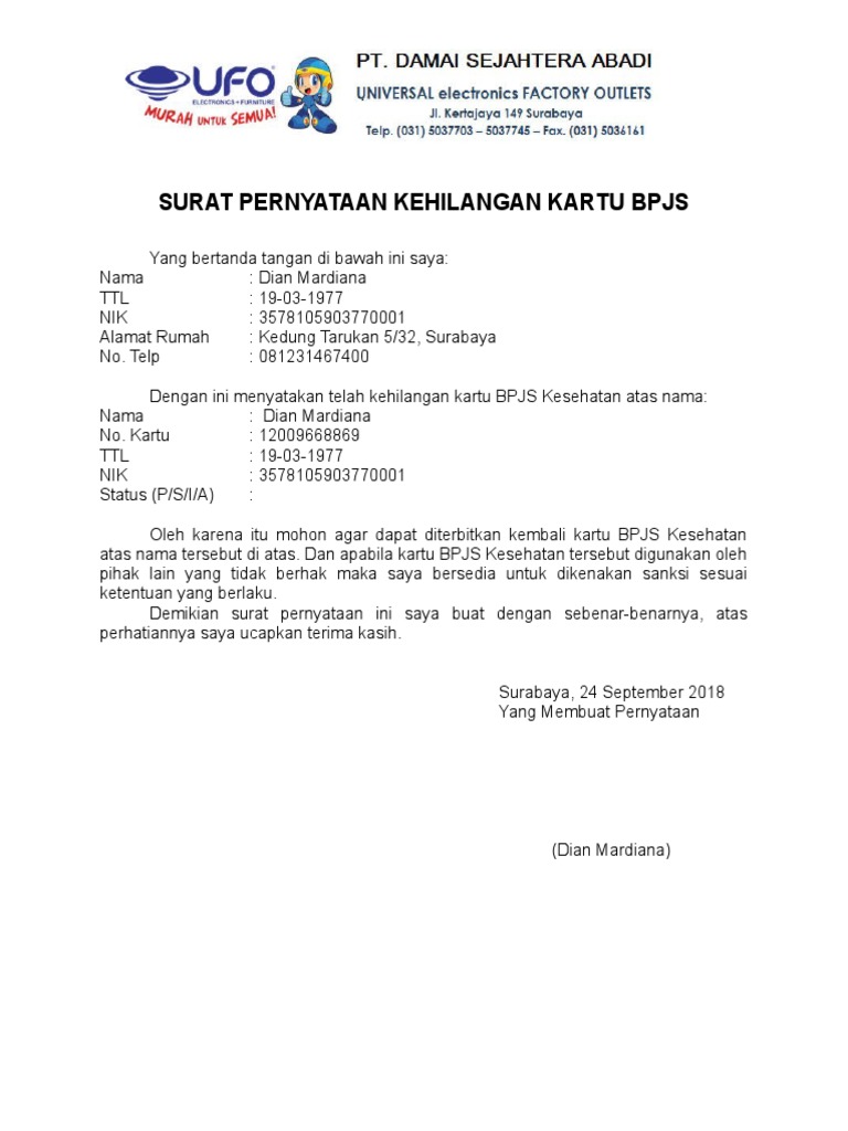 Surat Pernyataan Kehilangan Kartu Bpjs Pdf